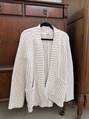 Free People Cream Speckled Open-Front Ribbed Cardigan
